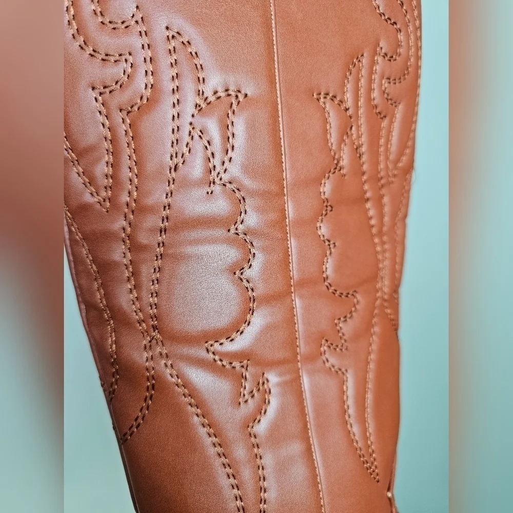 Embroidered Vegan Leather TAN Western Cowgirl Cowboy Boots Zip-up Pointed Toe - Picture 11 of 14